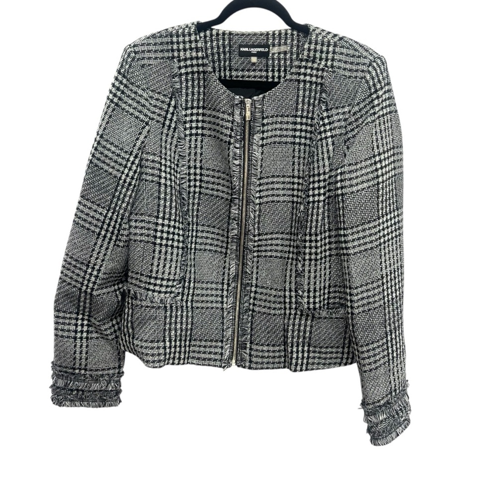 Karl Lagerfeld Black and White Plaid Blazer Jacket Paris Tweed Peplum Fringe